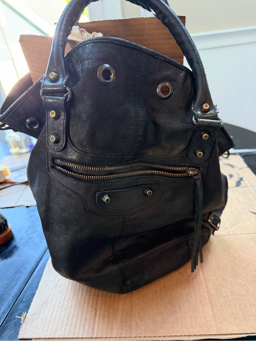Balenciaga Black Leather Shoulder Bag with Front Zip